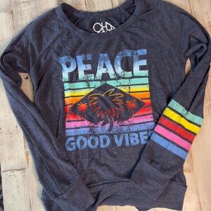 Chaser Small Graphic Sweatshirt ‑ ‘Peace Good Vibes’ Palm Trees Retro Style